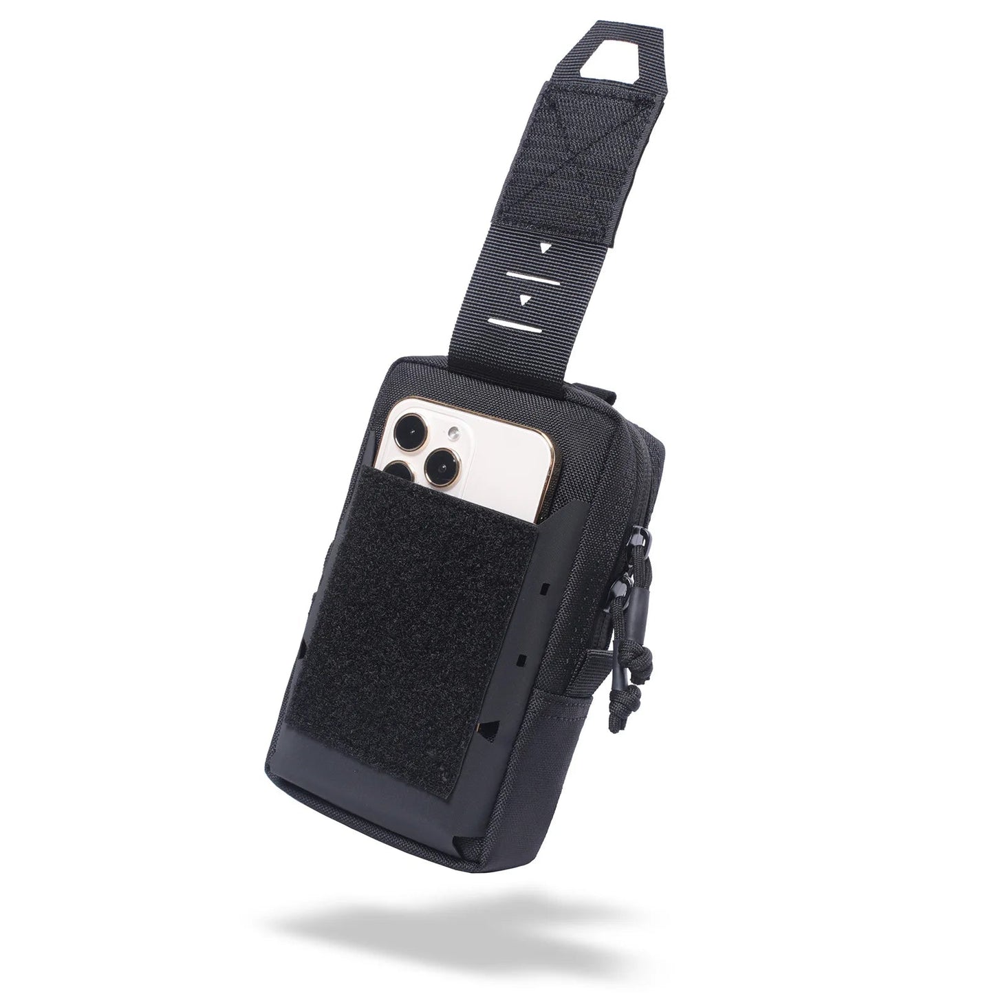 Black military multi-function pouch designed for secure phone storage and easy access