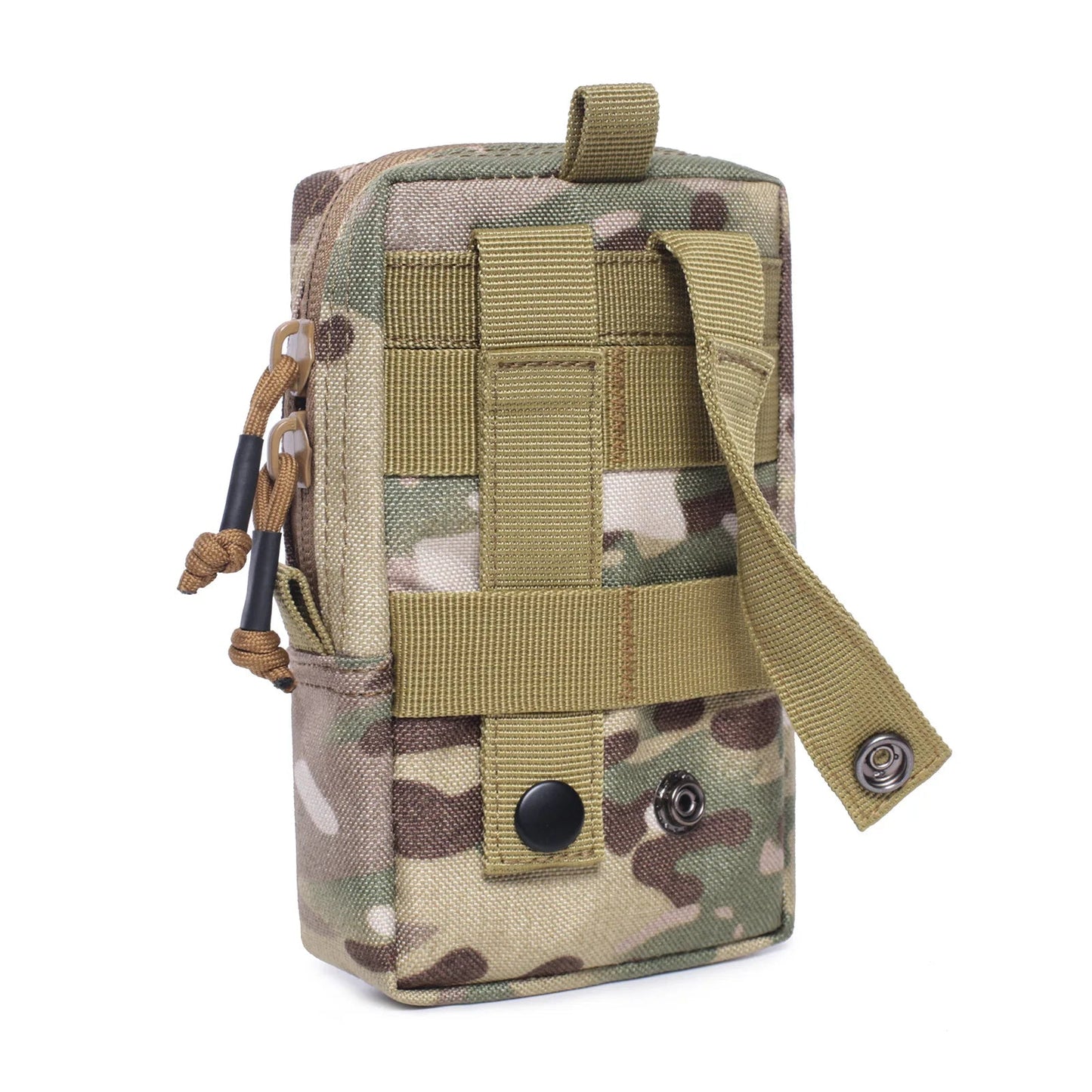 Military multi-function pouch in camo design with adjustable strap and multiple storage options