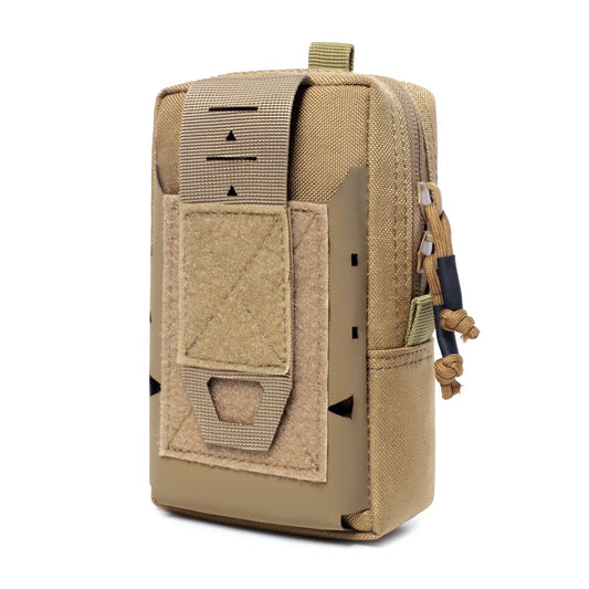 Military multi-function pouch in tan with durable fabric and multiple attachment options for outdoor use