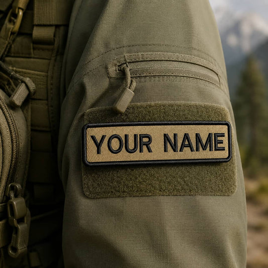 Olive green tactical backpack with 'YOUR NAME' patch against a mountainous background