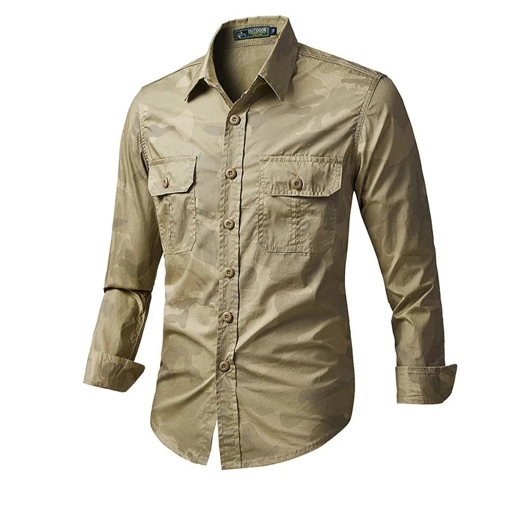 Tan outdoor camo shirt with two chest pockets for versatile outdoor activities