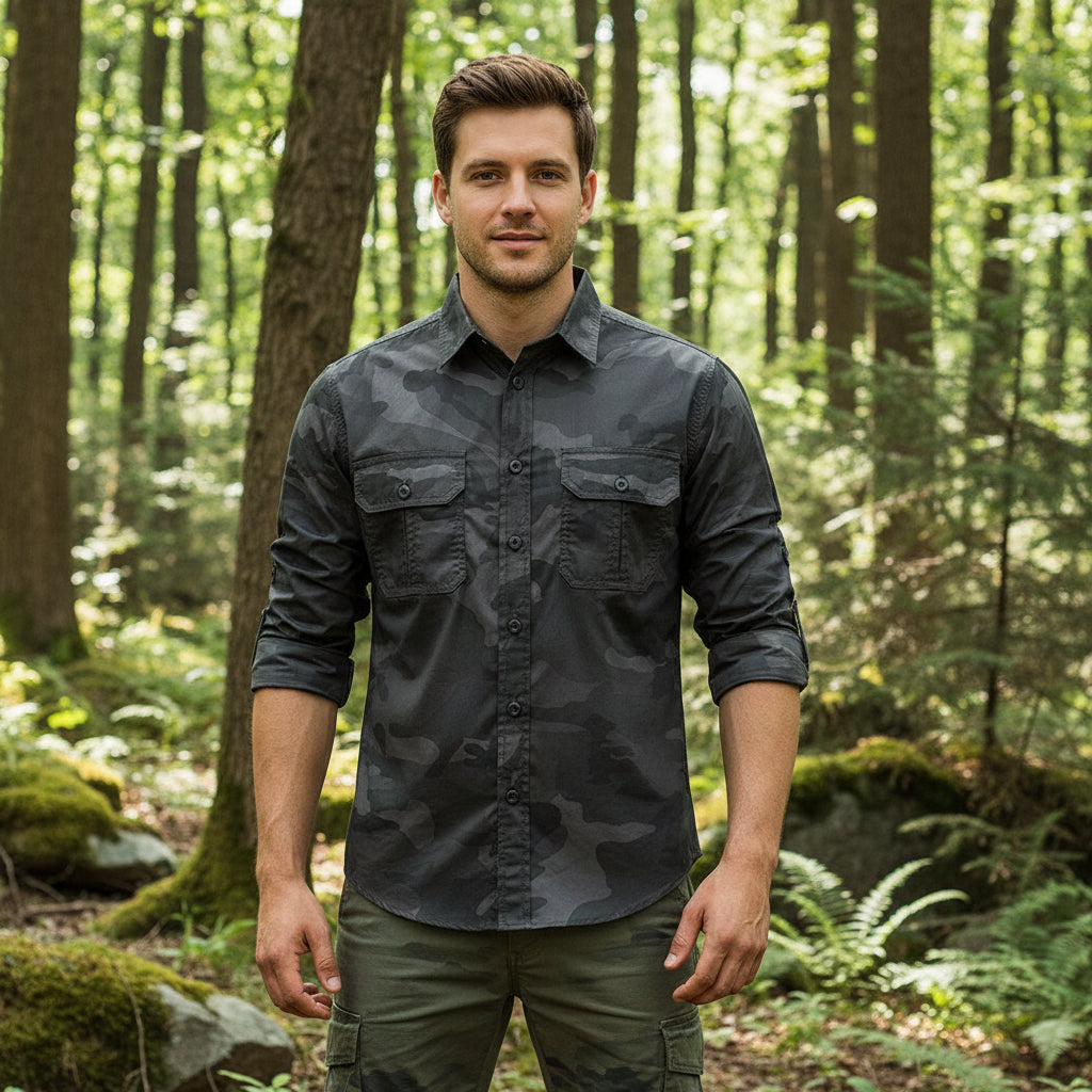 Black outdoor camo shirt designed for outdoor activities and exploration