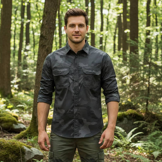 Black outdoor camo shirt designed for outdoor activities and exploration