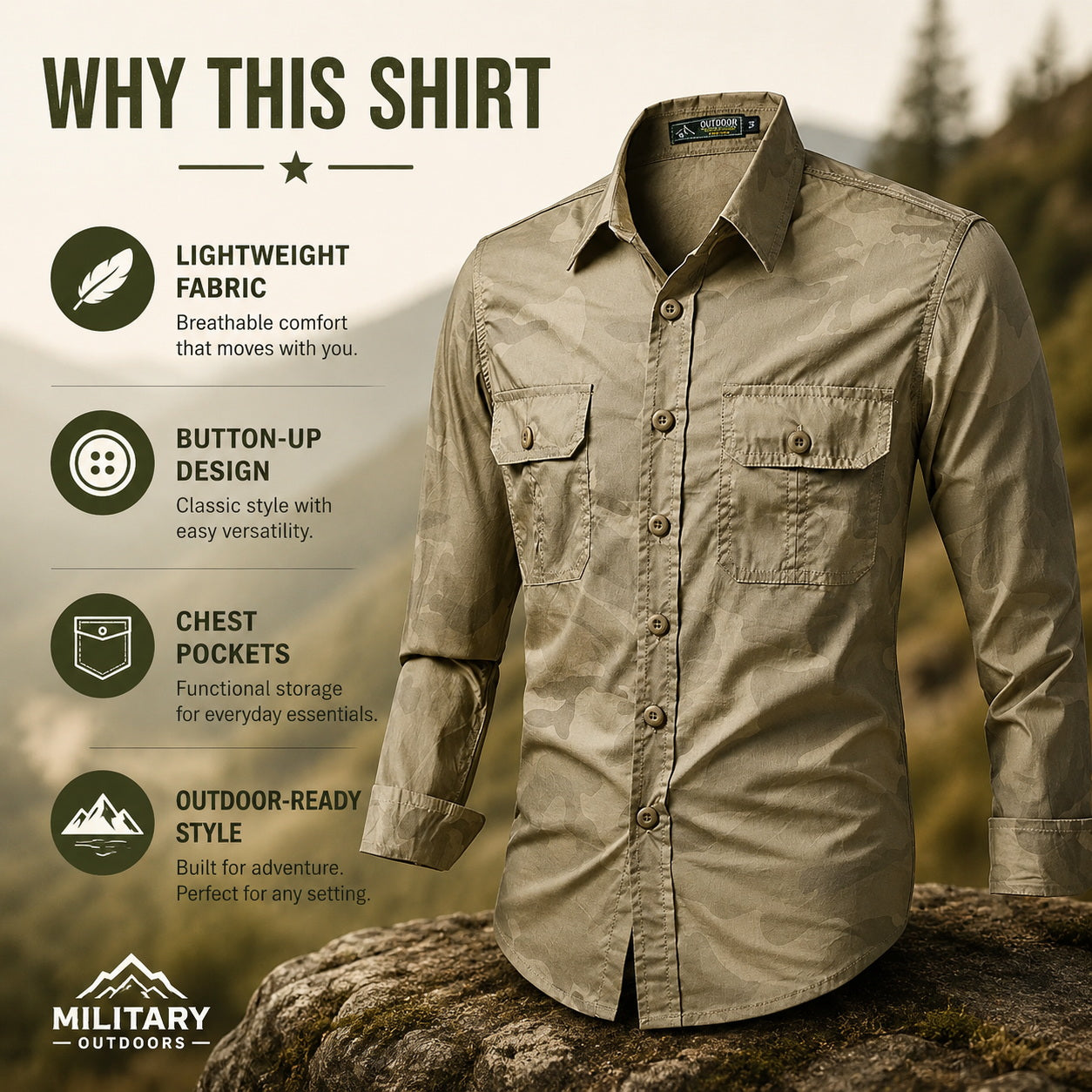 Khaki outdoor camo shirt with lightweight fabric for adventure
