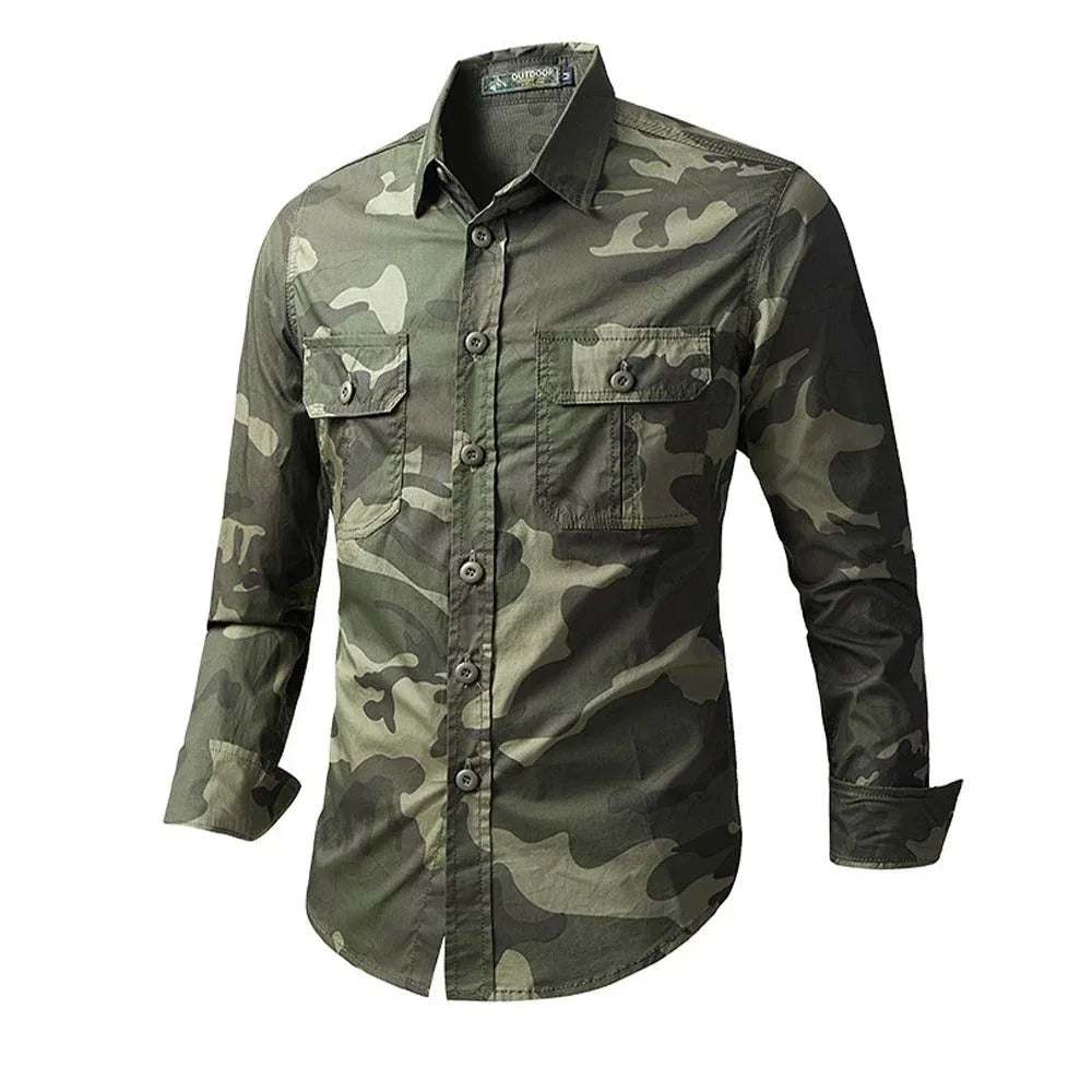 Outdoor camo shirt in green with two chest pockets for rugged adventures