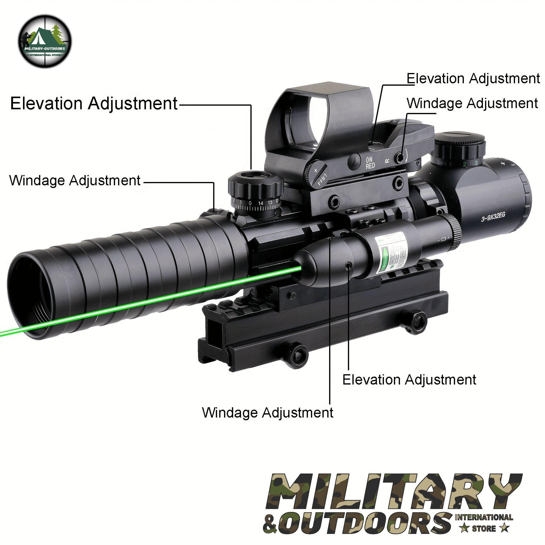 4-in-1 Rifle Scope Combo - 3-9x32mm Red Dot Sight Laser and Slot Riser - Military-Outdoors.com