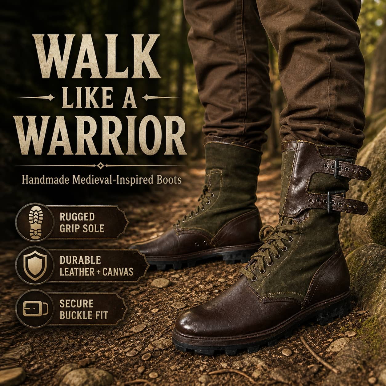 Brown handmade medieval-inspired boots with rugged grip sole for archery boots