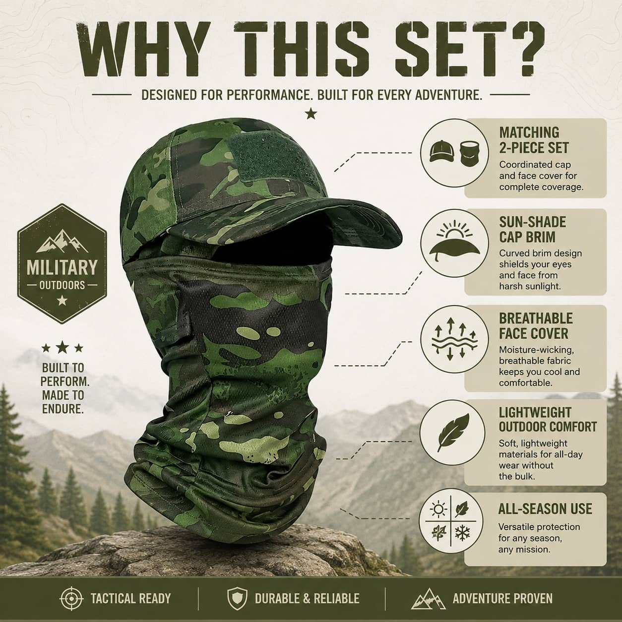 Camo balaclava set with sunshade cap for outdoor adventures