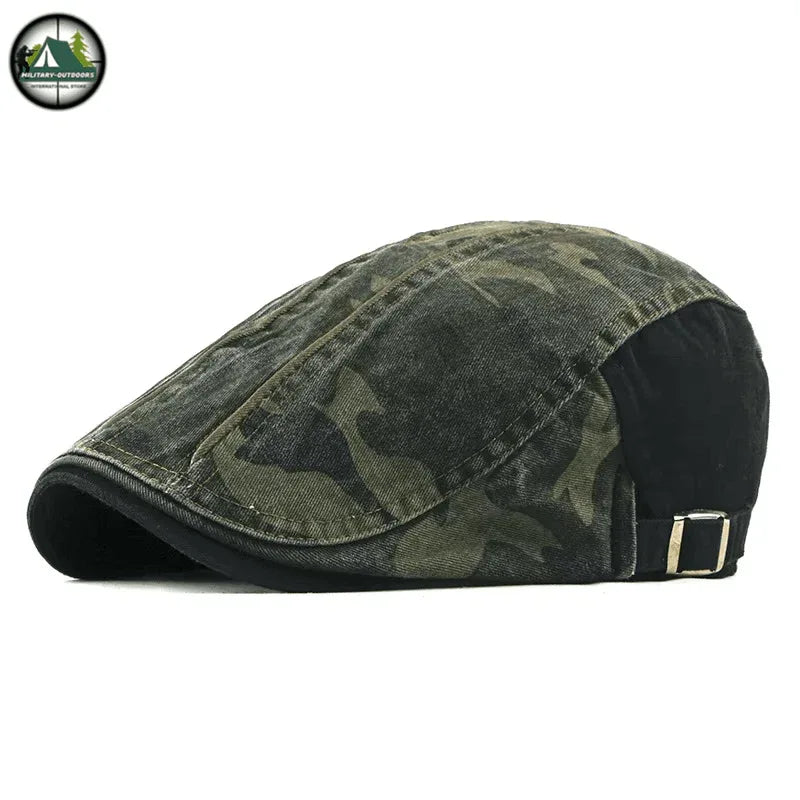 Camouflage cotton flat cap in green with a stylish design for outdoor wear