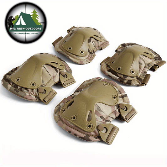Combat knee and elbow pads set in tan camouflage for optimal protection during outdoor activities