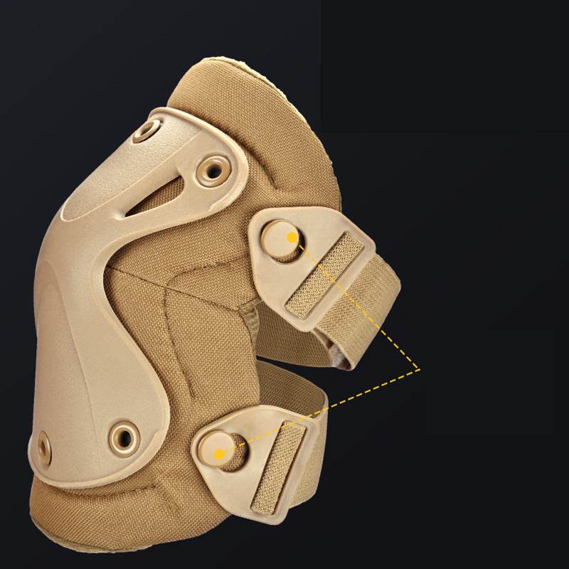 Tan combat knee and elbow pads featuring durable construction and adjustable straps for secure fit