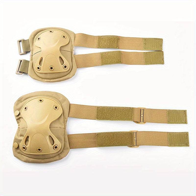 Tan combat knee and elbow pads with adjustable straps for added protection during physical activities