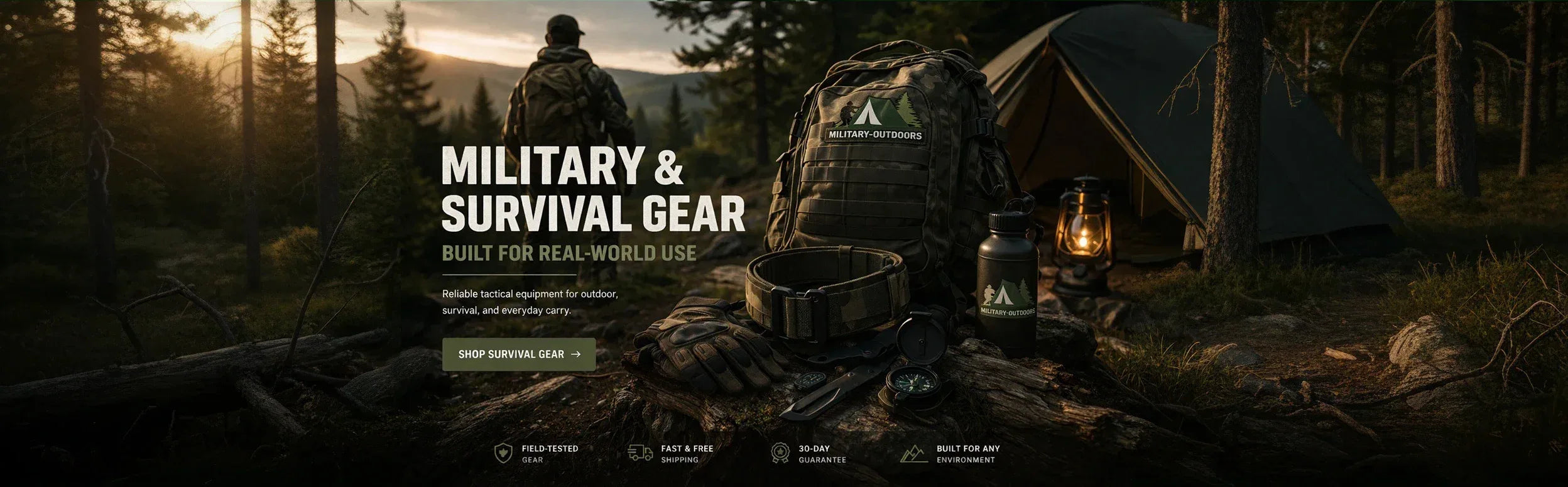 Camouflage backpack and survival gear displayed at a forest campsite with a tent and outdoor equipment