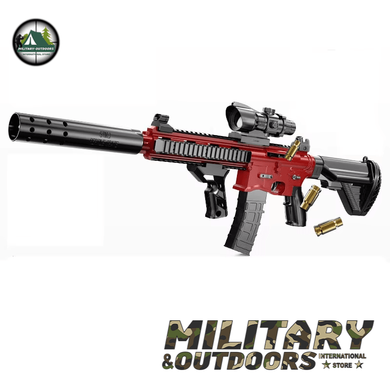 Red electric toy blaster with scope and detachable barrel for outdoor play