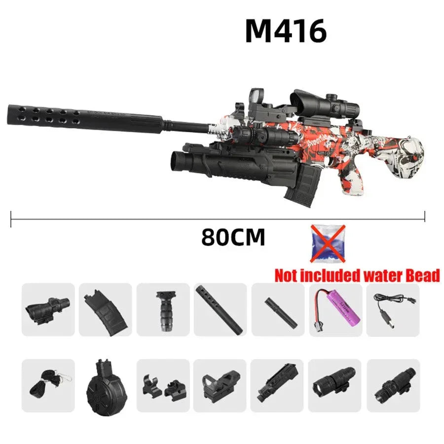 M416 electric toy blaster in camouflage with tactical accessories for outdoor play