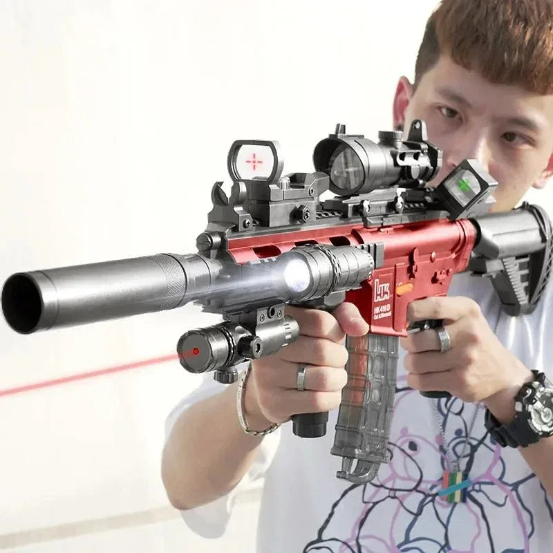 Red electric toy blaster with scope and flashlight for outdoor play