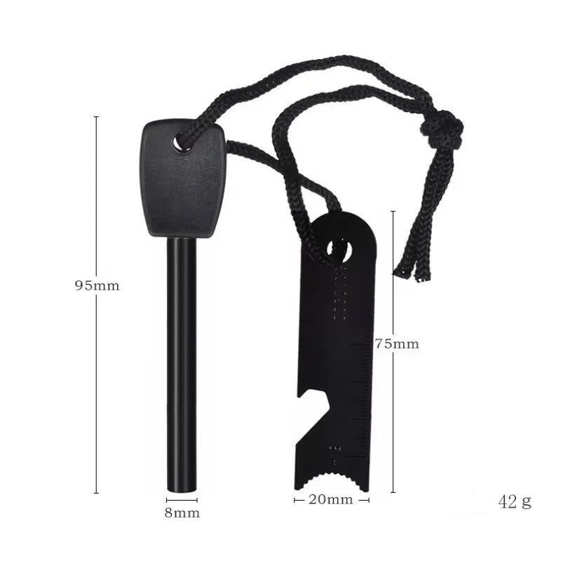 Emergency fire starter stick with scraper tool and durable lanyard for outdoor camping and survival use