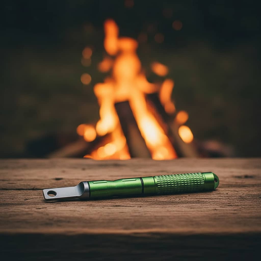 Green emergency fire starter stick designed for efficient fire making during camping trips