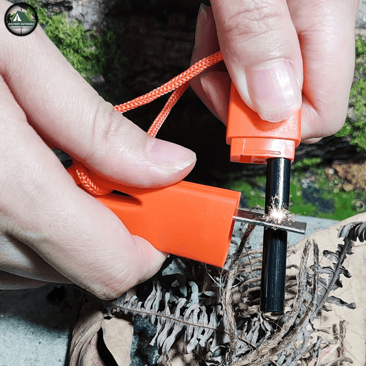 Emergency fire starter stick being used to ignite dry leaves for camping fire in the outdoors