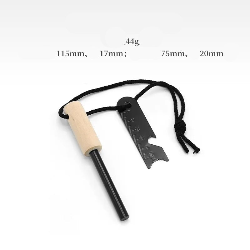Compact emergency fire starter stick with wooden handle and metal scraper for camping and outdoor survival