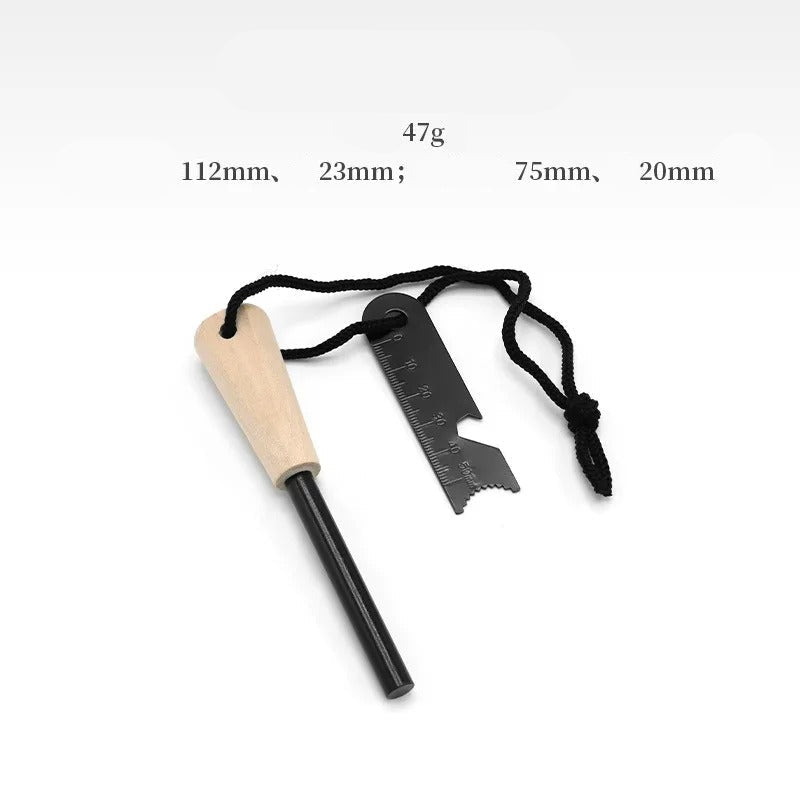 Emergency fire starter stick with wooden handle and metal scraper for reliable outdoor use