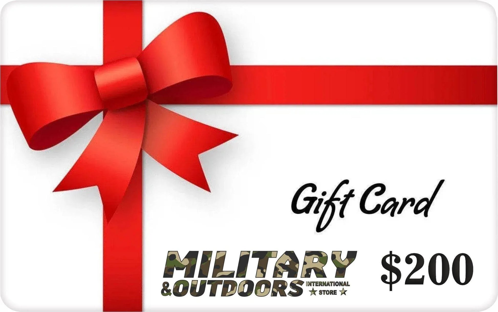 Military Outdoors gift card with red bow, perfect for outdoor enthusiasts lovers