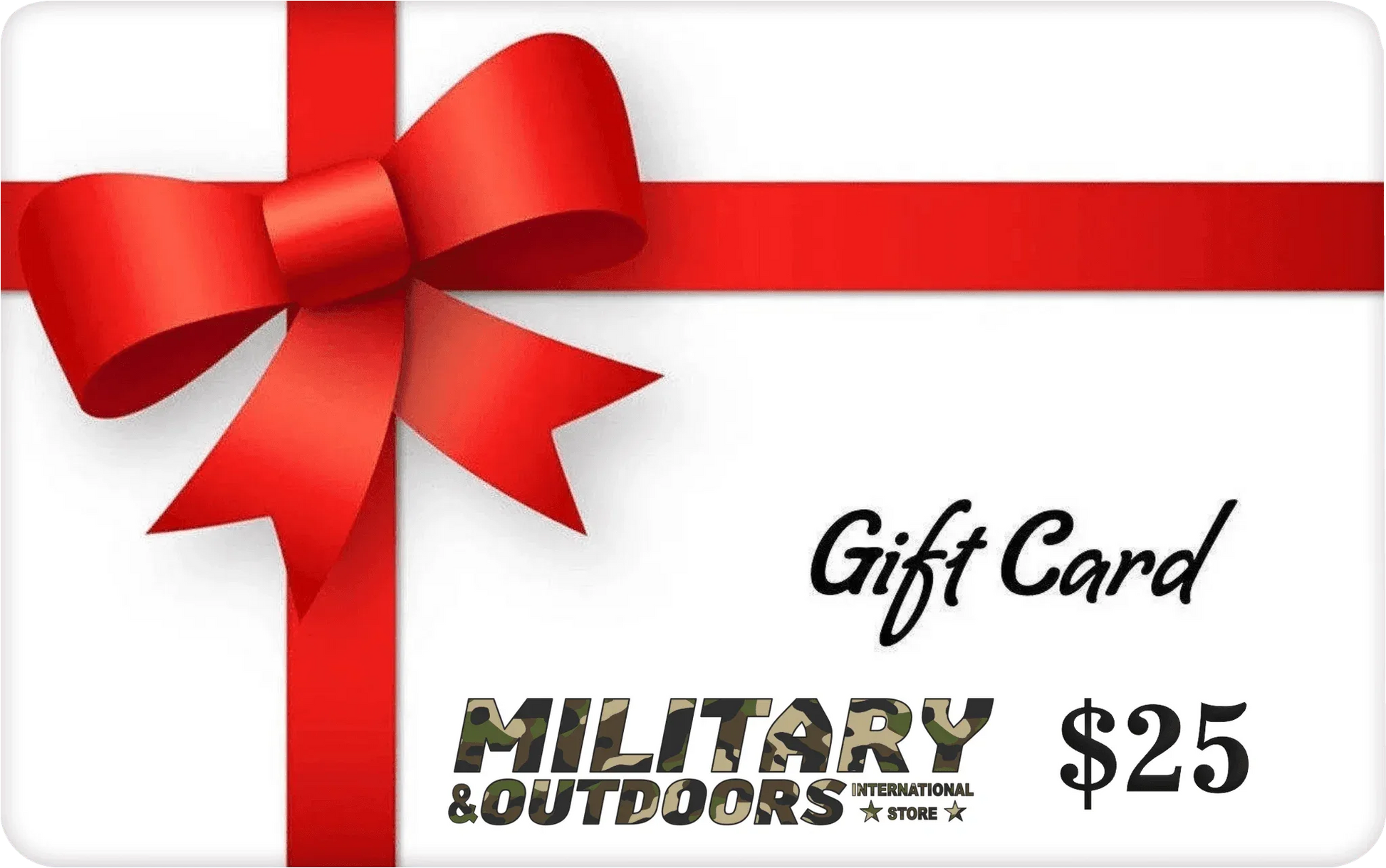 Military Outdoors gift card with red ribbon for outdoor enthusiasts