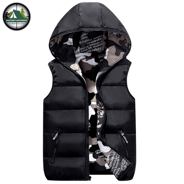 Kids hooded vest in black with camouflage lining for outdoor activities