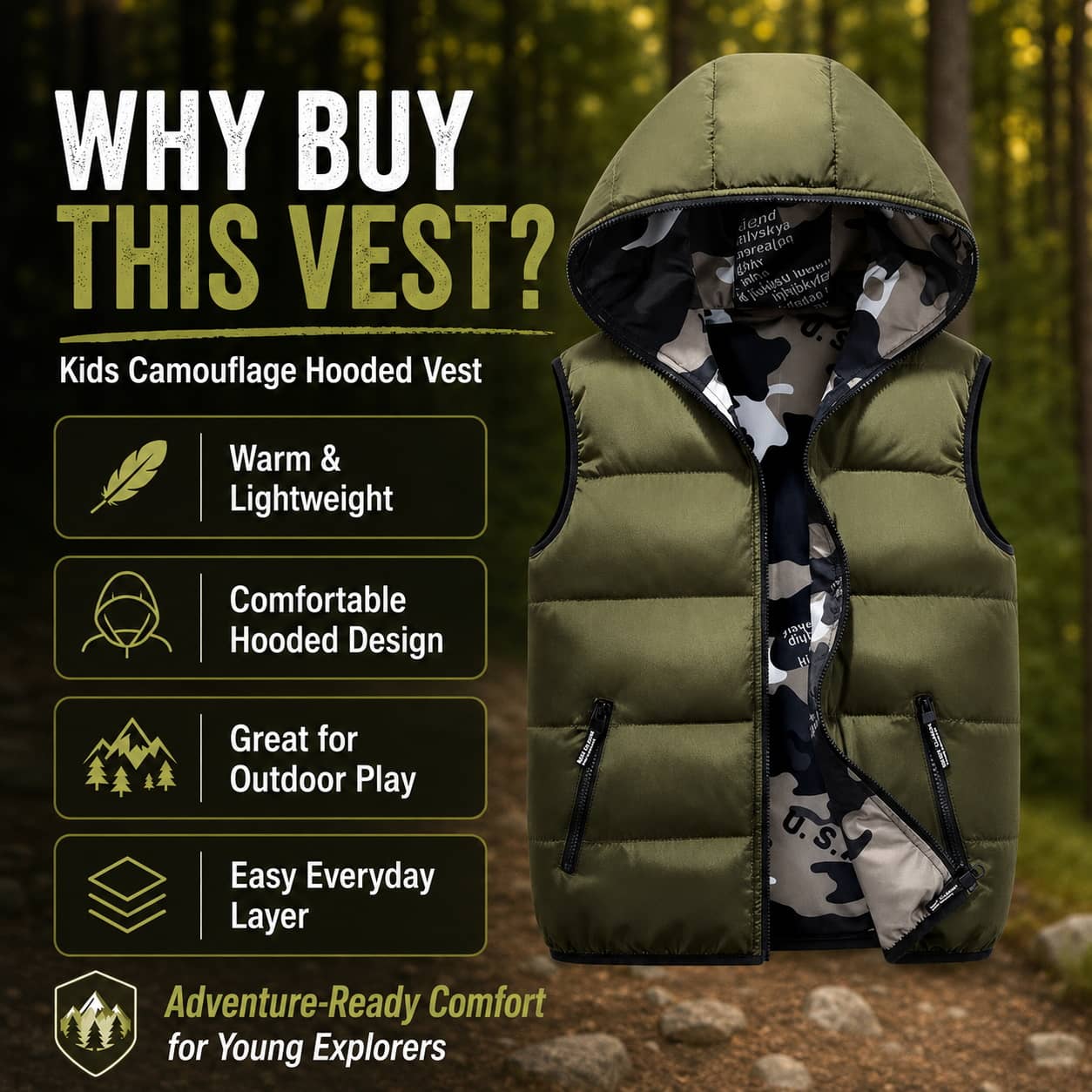 Kids Hooded Vest in Camouflage Color for Outdoor Play and Adventure