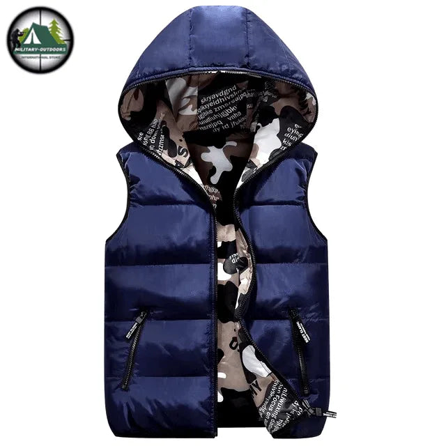 Kids hooded vest in navy with camo lining and zippered pockets