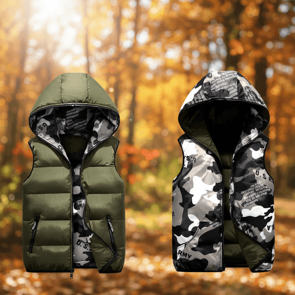 Kids hooded vest in green and camouflage, perfect for outdoor adventures