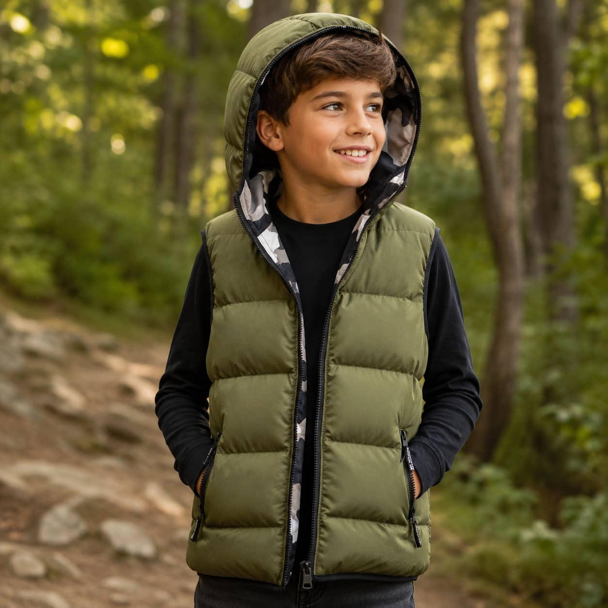 Kids Hooded Vest in Olive Green with Warm Insulation for Outdoor Adventures
