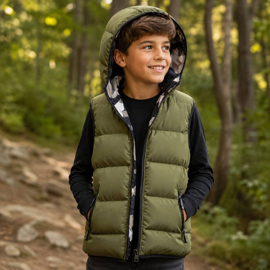 Kids Hooded Vest in Olive Green with Warm Insulation for Outdoor Adventures