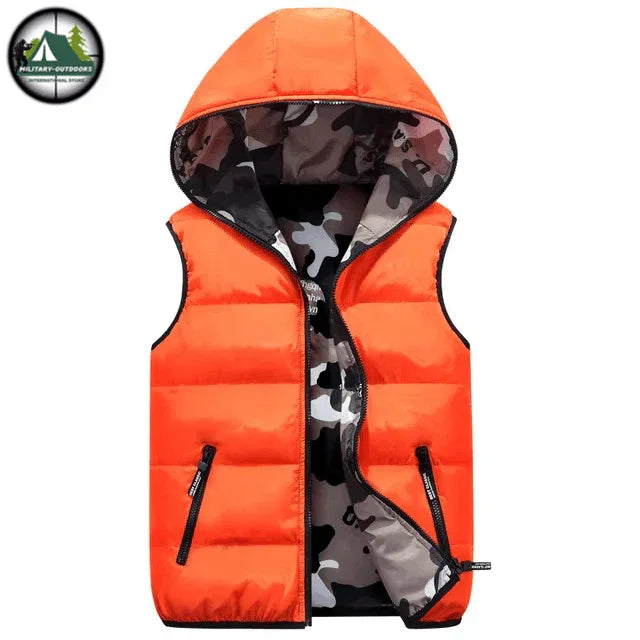 Bright orange kids hooded vest with camouflage lining for warmth and style