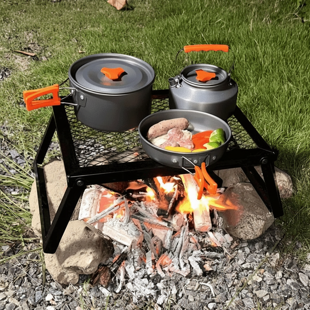 Outdoor bonfire grill set with pots and utensils over a campfire for outdoor cooking