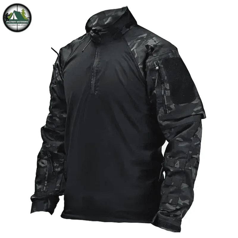 Tactical long sleeve t-shirts in black with reinforced sleeves for outdoor activities