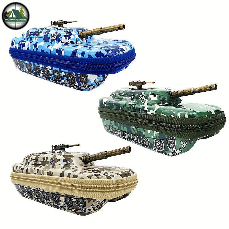 Colorful tank pen pouch for kids featuring blue, green, and camouflage designs with a 3D tank exterior