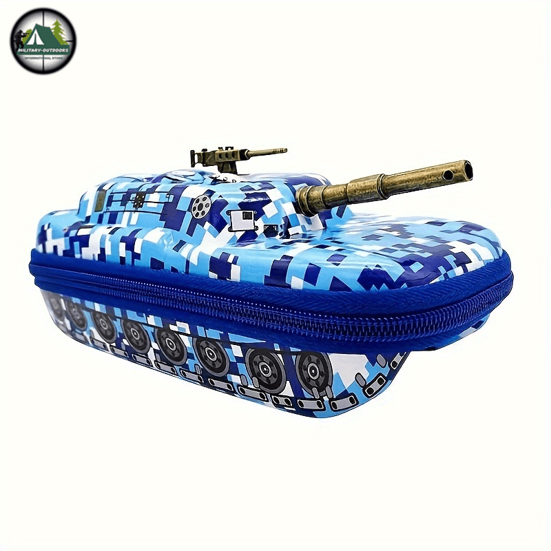 Fun tank pen pouch for kids with a blue camouflage design and realistic tank features