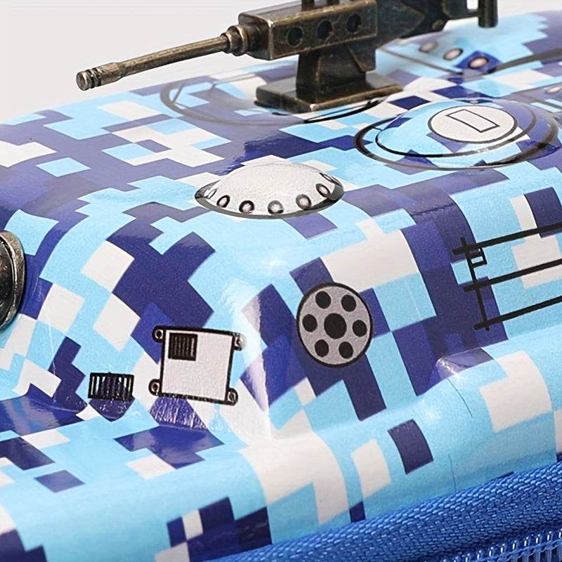 Blue tank pen pouch for kids featuring a fun military design with 3D details