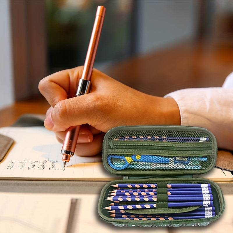 Tank pen pouch for kids featuring a green design with assorted colored pencils and a writing pen