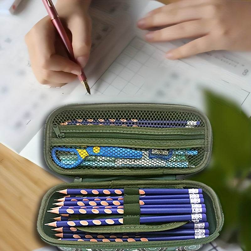 Tank pen pouch for kids in green with organized compartments for pencils and scissors