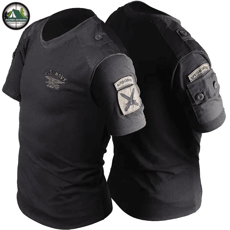 US Navy combat t-shirt in black with shoulder patches for tactical performance and style