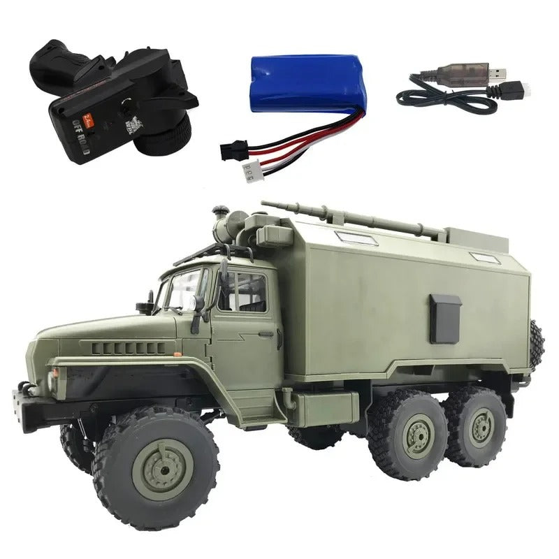 Military RC truck with remote control, battery, and charging cable for outdoor adventures