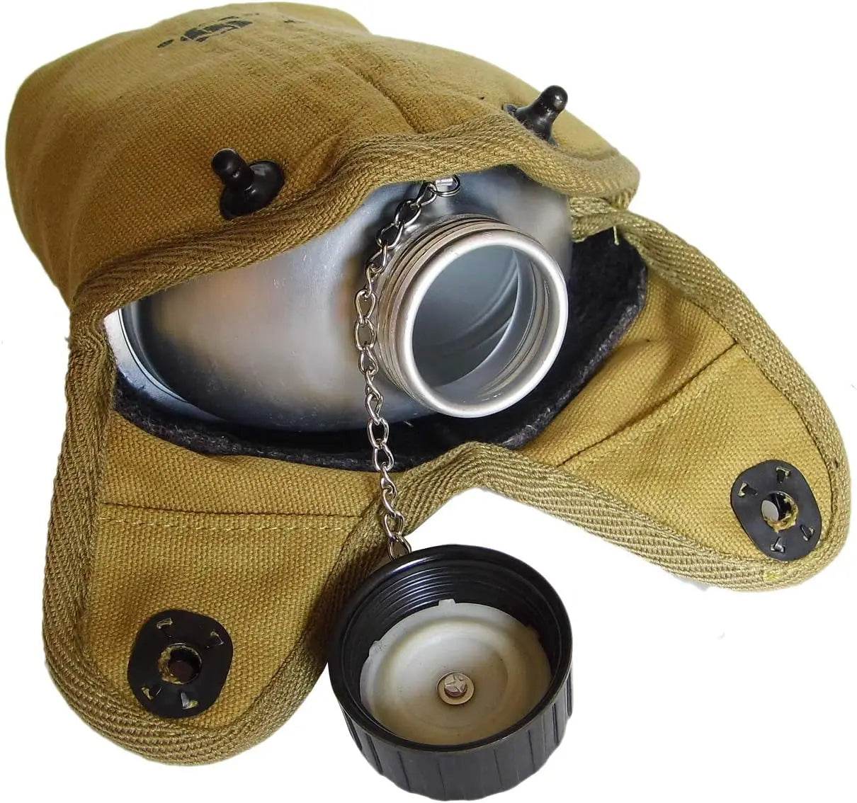 WW2 US Army Dining Plate replica metal canteen with tan canvas cover pouch and chain screw cap