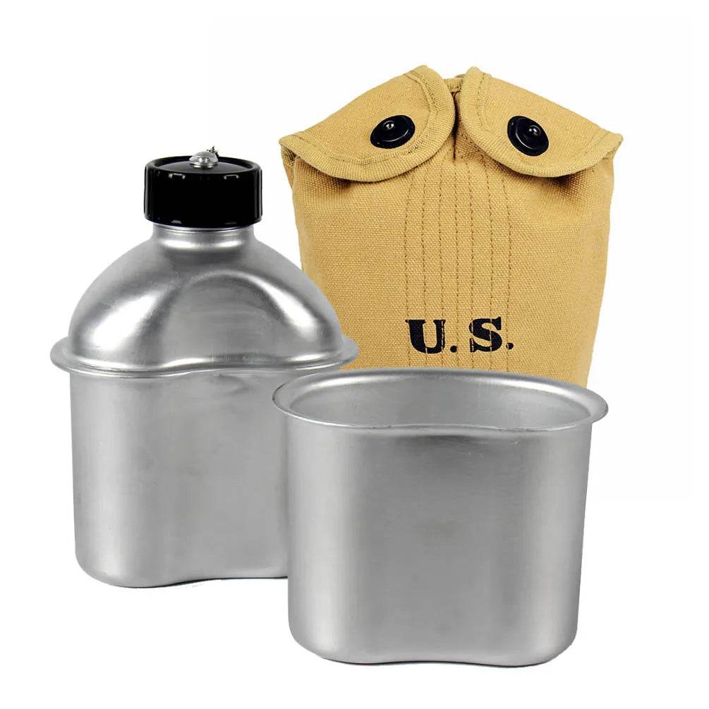 Replica WW2 US Army Dining Plate canteen set with aluminum cup and tan canvas US pouch