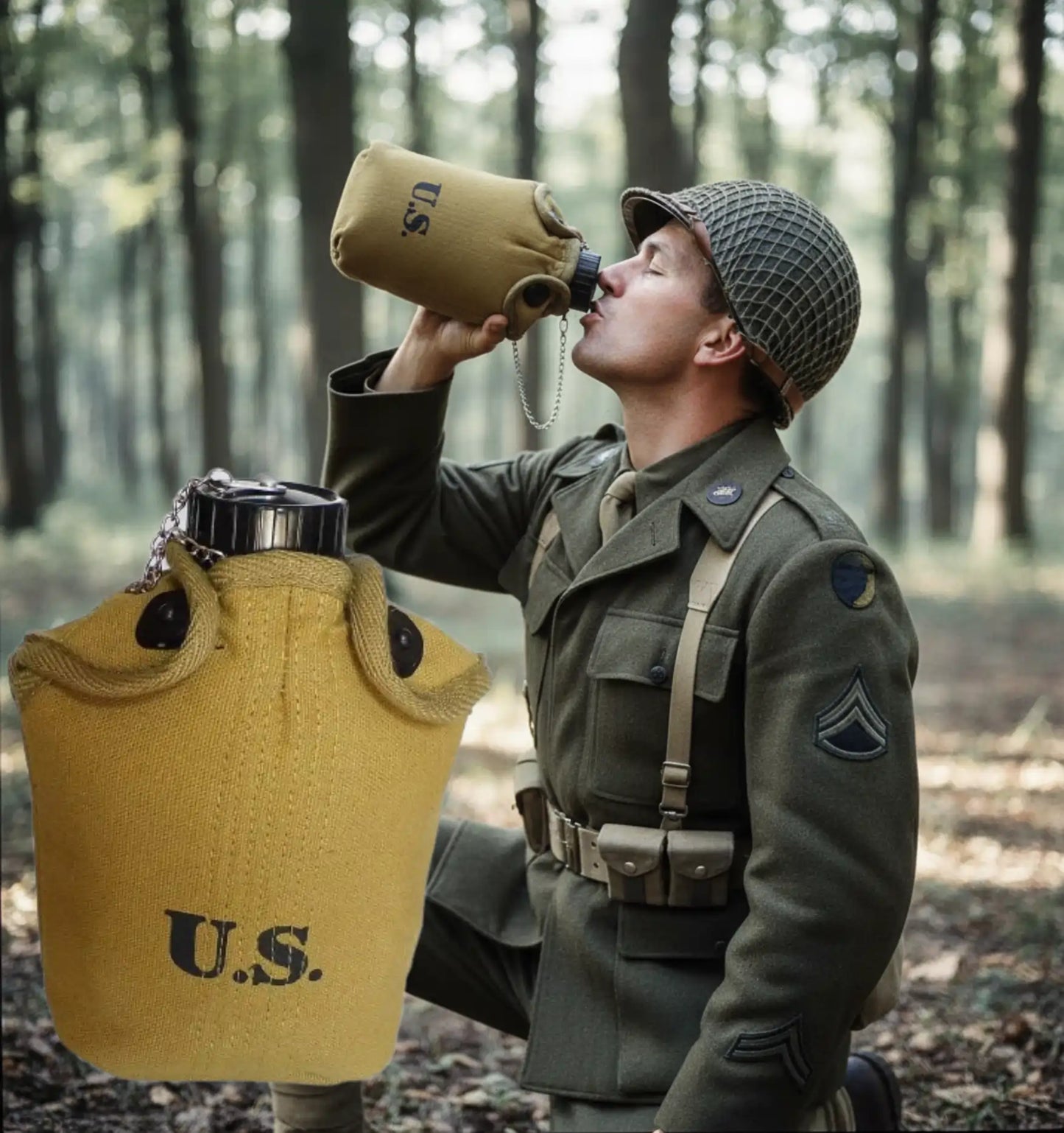 Person in military uniform drinking from a U.S. canteen in a forest setting