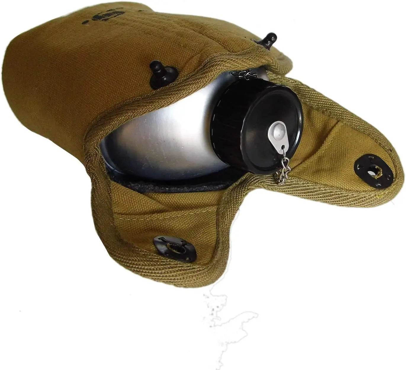 WW2 US Army Dining Plate replica metal canteen in khaki canvas pouch with black screw cap