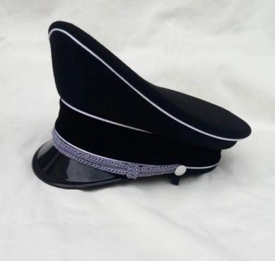 Replica WWII German Officer Hat featuring a classic design with a glossy visor and silver chin strap