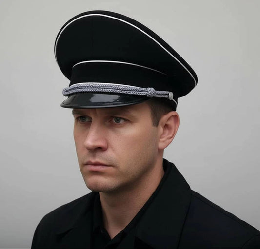 Replica WWII German Officer Hat with shiny visor and silver detailing for historical reenactment