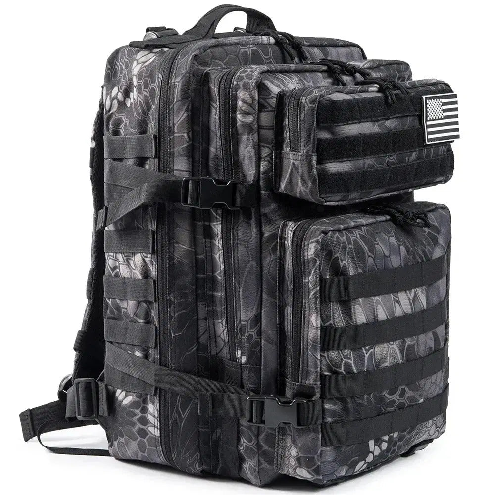 Durable 45L military rucksack in black camo, designed for tactical gear and outdoor adventures